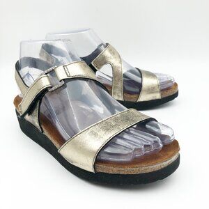 NAOT Pamela Metallic Leather Gold Shiny Low Wedge Sandals Womens 6